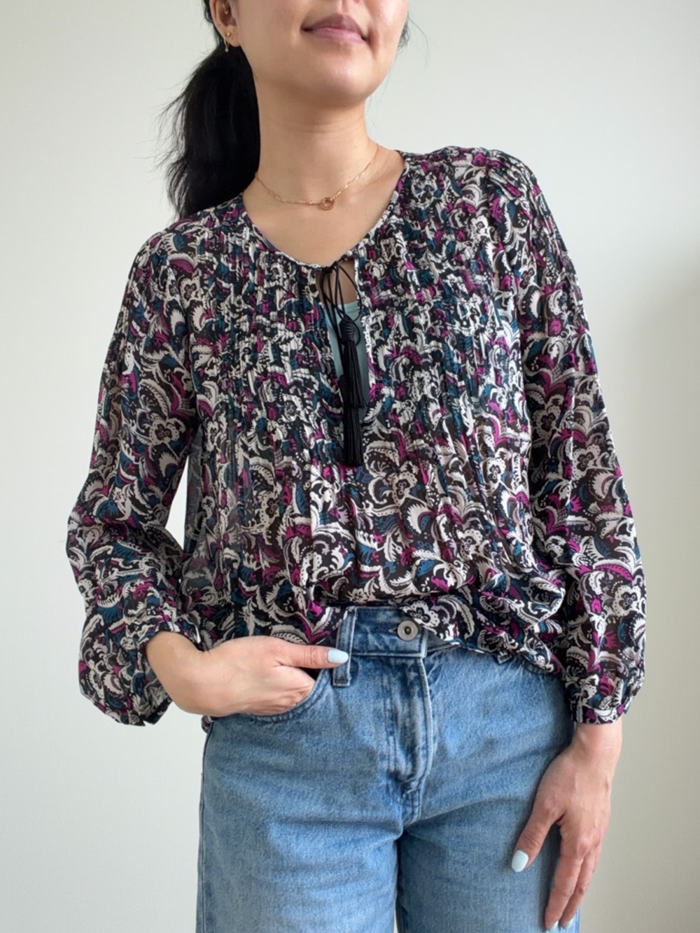Joie Women's Floral Paisley Silk Blouse With Tassels Size XS